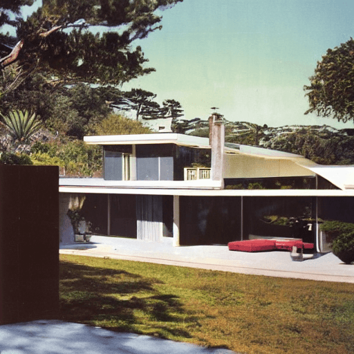 AI generated: hyper realistic eye level exterior photo of a mid century modern style house overlooking the ocean, ...