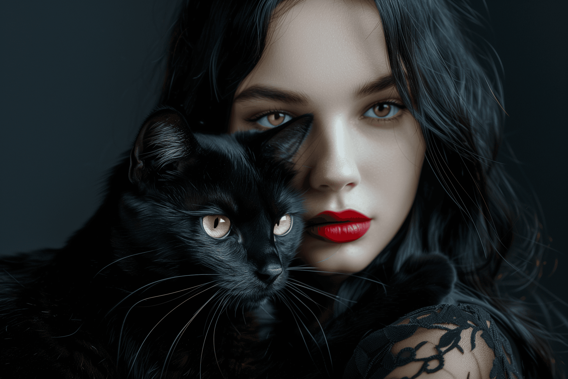 AI generated: A beautiful girl with red lips and black hair, holding an evil cat in her arms. Dark background. Pho...