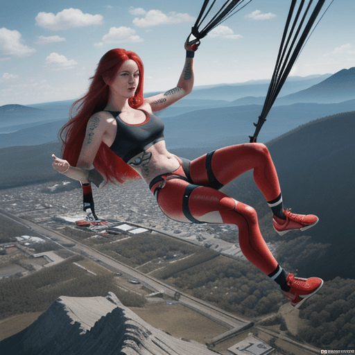 AI generated: athlete, red hair, athletic, tattoo, long hair, woman bungee jumping off mountain full size, highly ...