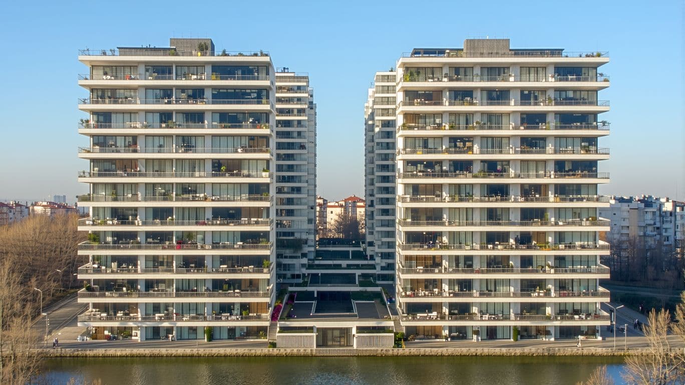 AI generated: conjunto de tres edificios residencial de 10 plantas, conectados por pasarelas cada tres de ellas, a...