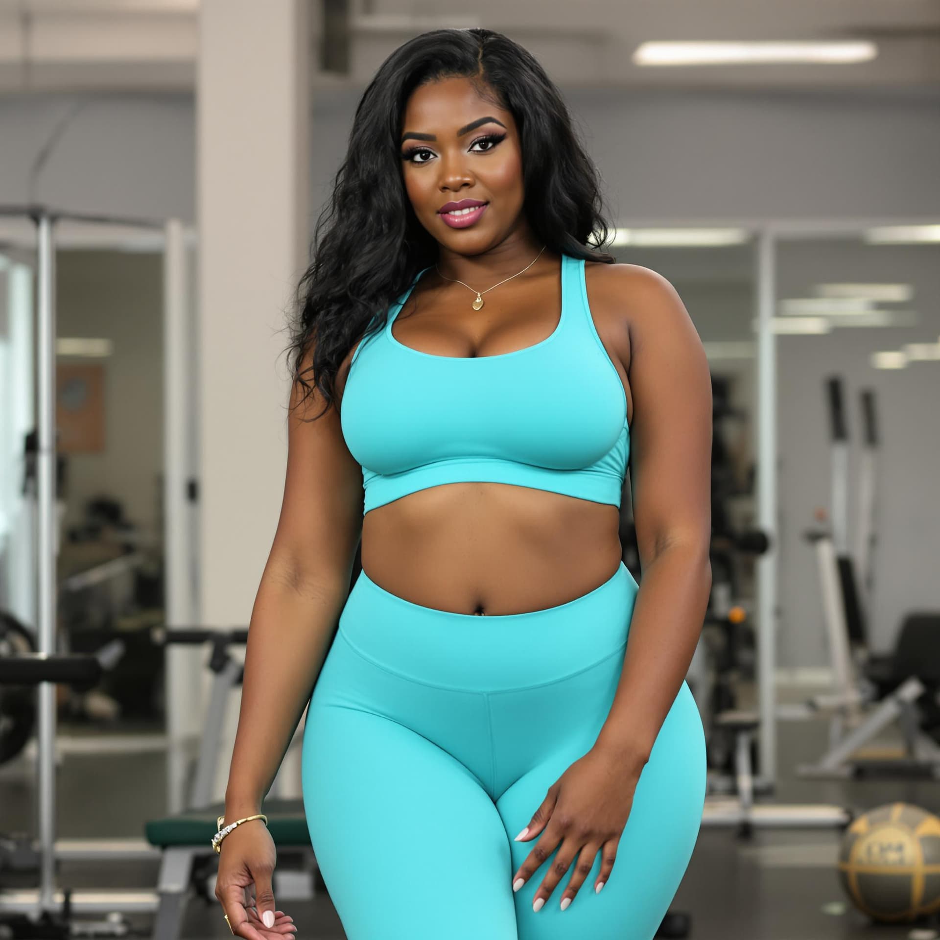 AI generated: attractive black woman with curvaceous body. She is wearing cyan leggings and a sports bra. The woma...