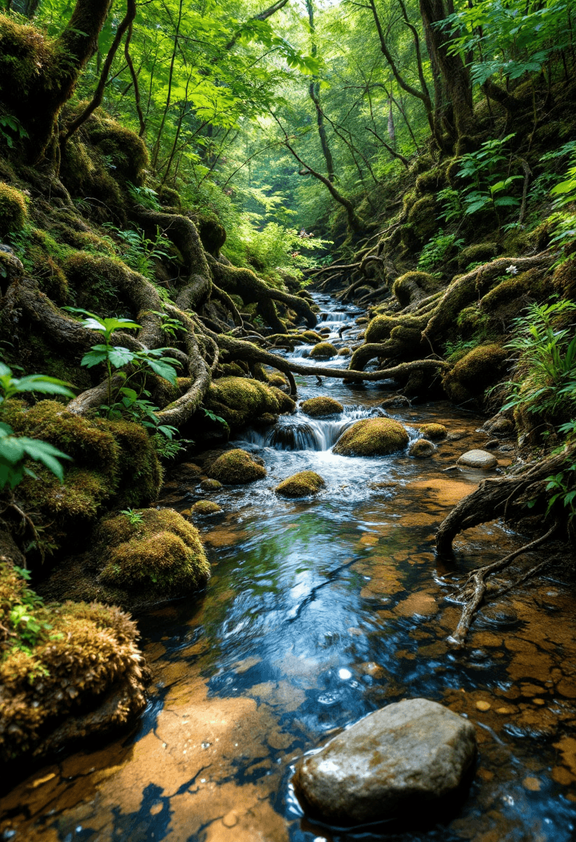 AI generated: little narrow winding Creek，realistic slow Water Flow，crystal clear water, stone, some sand underwat...