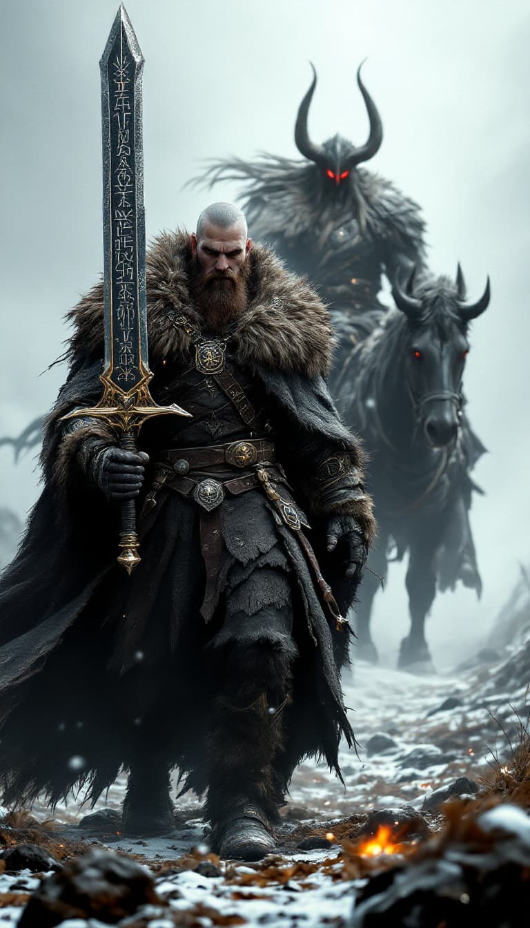 AI generated: An ultra-realistic, zoomed out, front facing full-body portrait of a towering Berserker, his fur-lin...