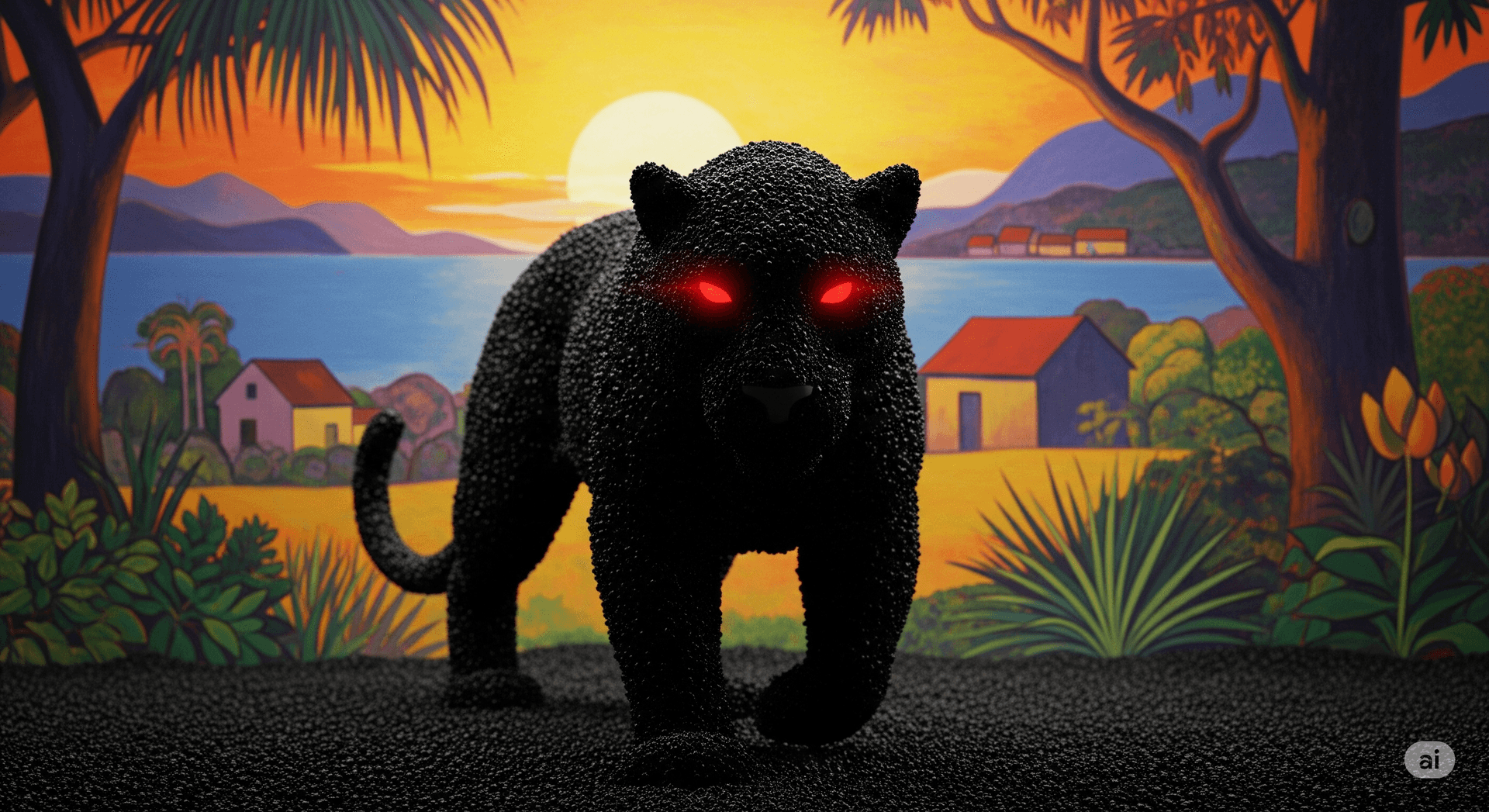 AI generated: panther made out of obsidian sand, colorful gauguin like surrounding and red eyes, aim for contrast