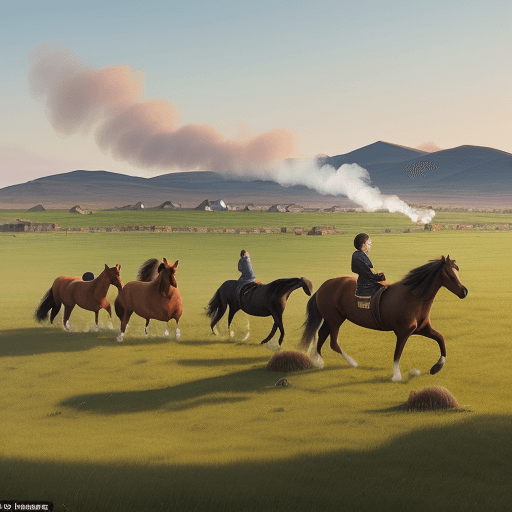 AI generated: On the endless grassland, groups of horses are running, the hostess is riding after the horses, a fe...