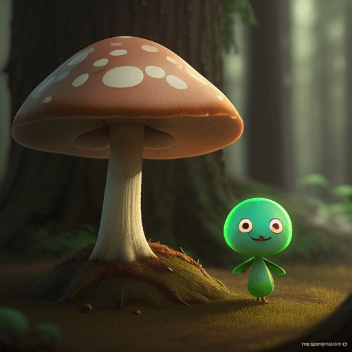AI generated: cute mushroom character in forest, happy and smiling, big cute eyes, ambient light cinematic light, ...