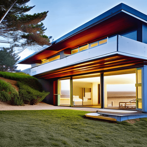 AI generated: Hyper realistic eye level exterior photo of a mid century modern style house overlooking the ocean, ...