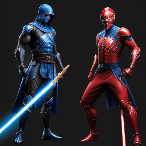 AI generated: a tall black and blue ninja that looks like sub-zero with a sword and red belt. versus a man in a RE...