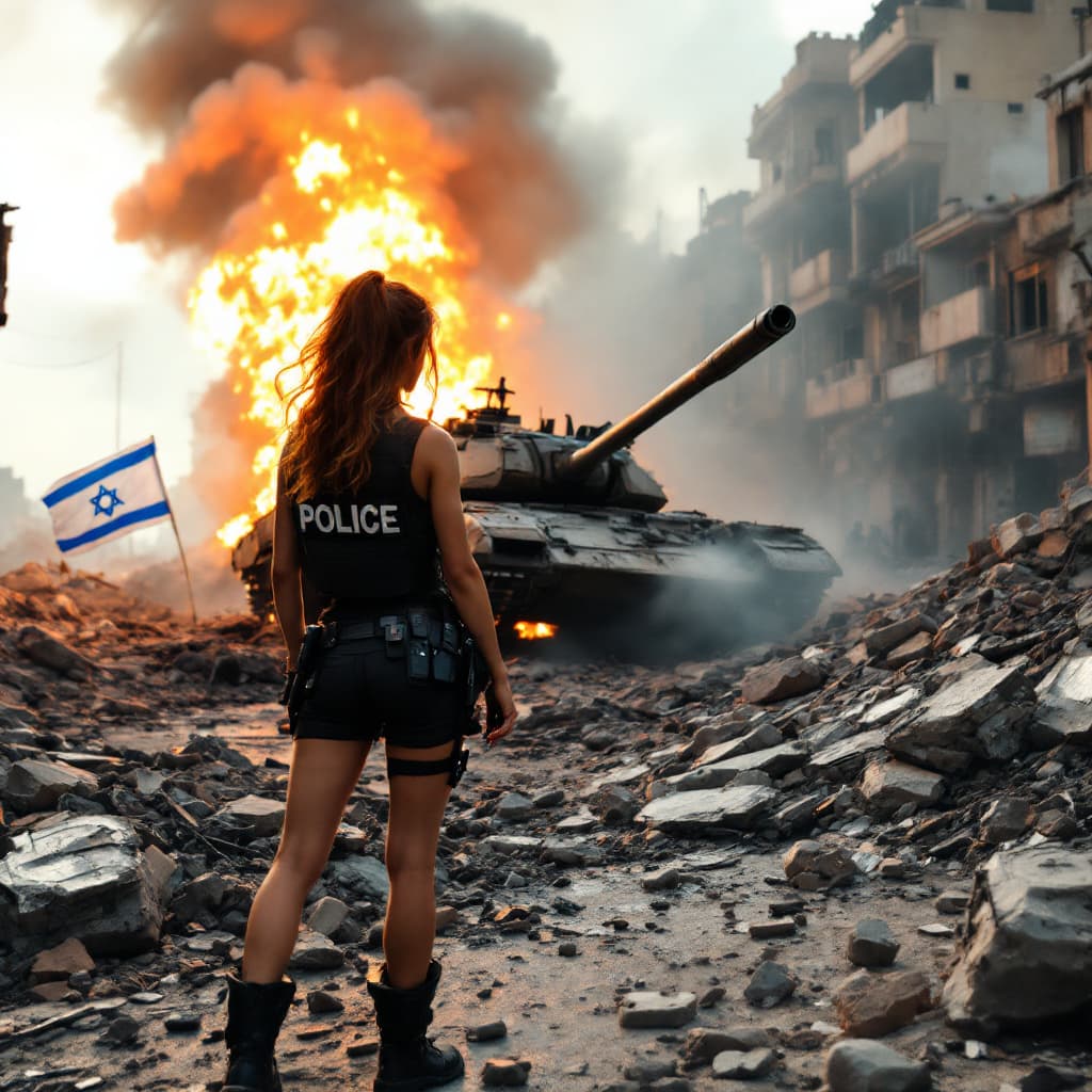 AI generated: A hot police woman stands next to an exploded tank under rubble with an Israeli flag, a city destroy...