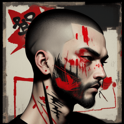 AI generated: head shaved men beautiful details, black and red color tones, wabi-sabi art,  abstract , punk collag...