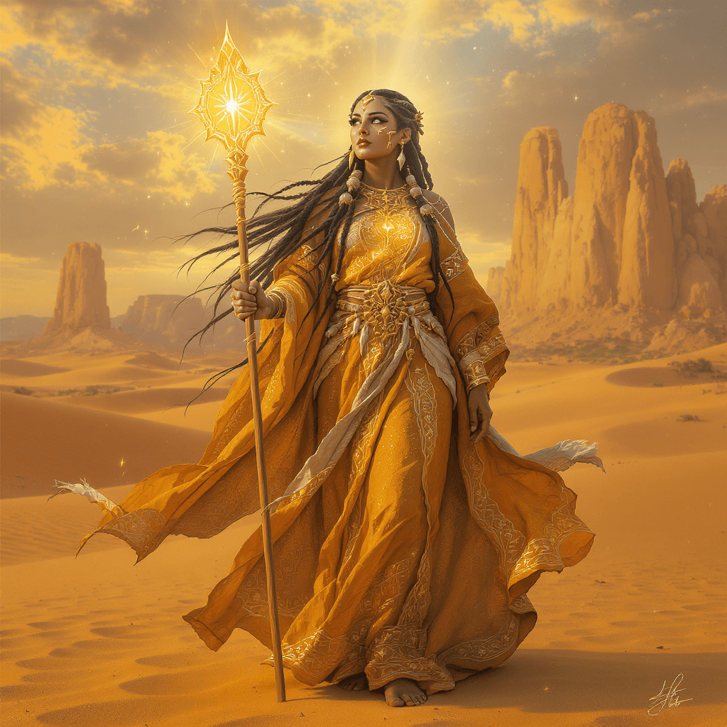 AI generated: An ultra-realistic, full-body portrait of a mesmerizing desert prophetess woman, radiating ancient w...
