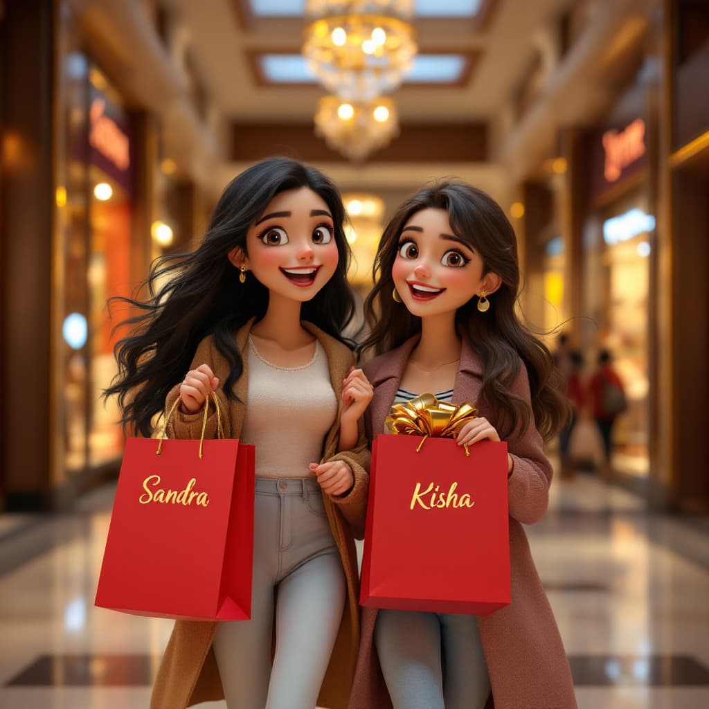 AI generated: two excited, spanish young ladies, the one with long black hair is taller than the other lady with l...