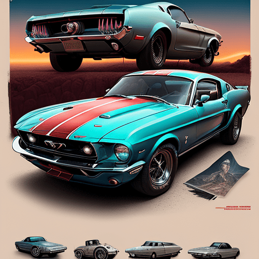 AI generated: highly detailed infographic of retrofuturism old-mustang style cars and icardi is sitting on the hoo...
