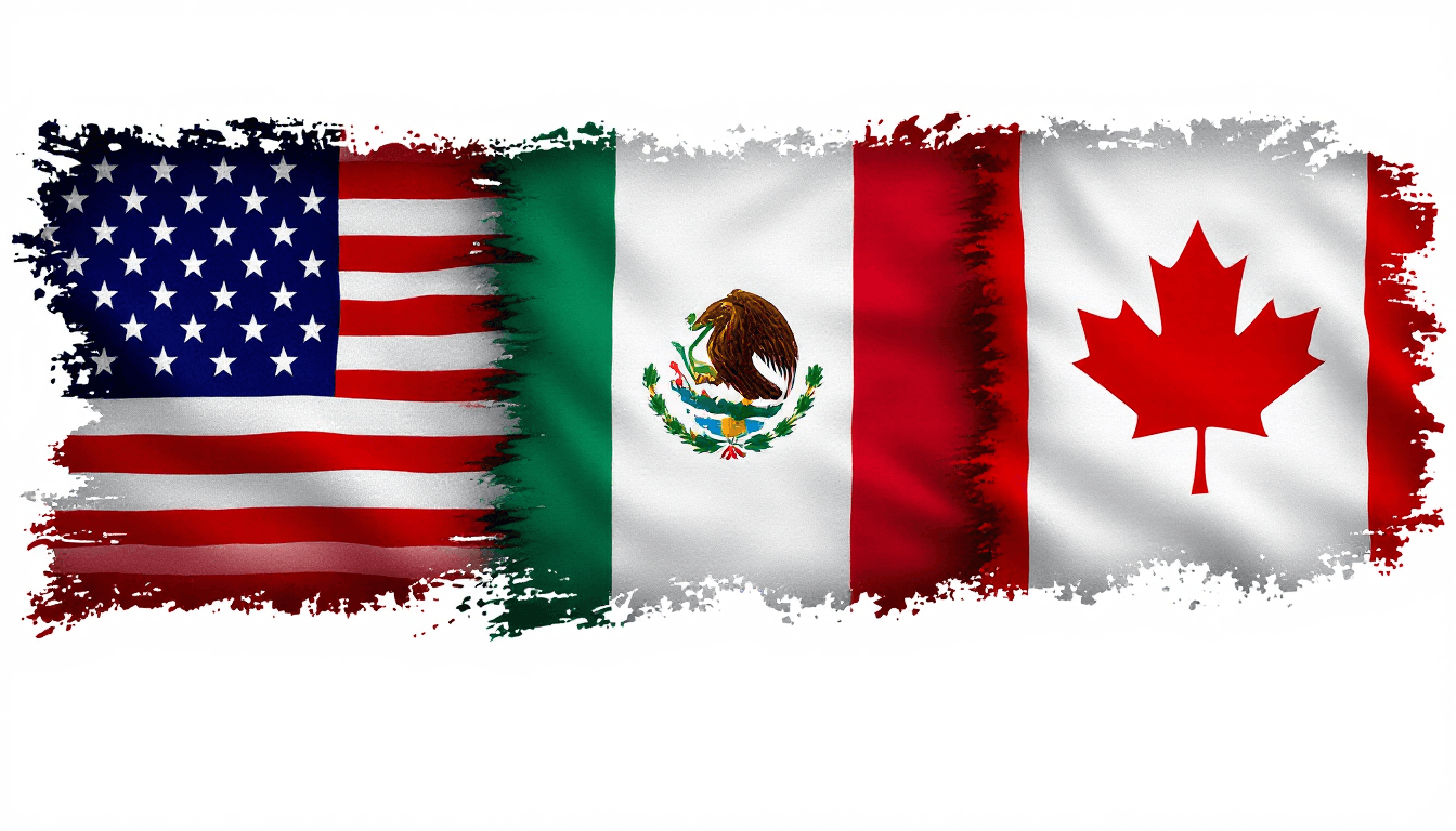 AI generated: Artwork of an American flag, Mexican flag, Canadian flag lined up side-by-side, melded together at t...