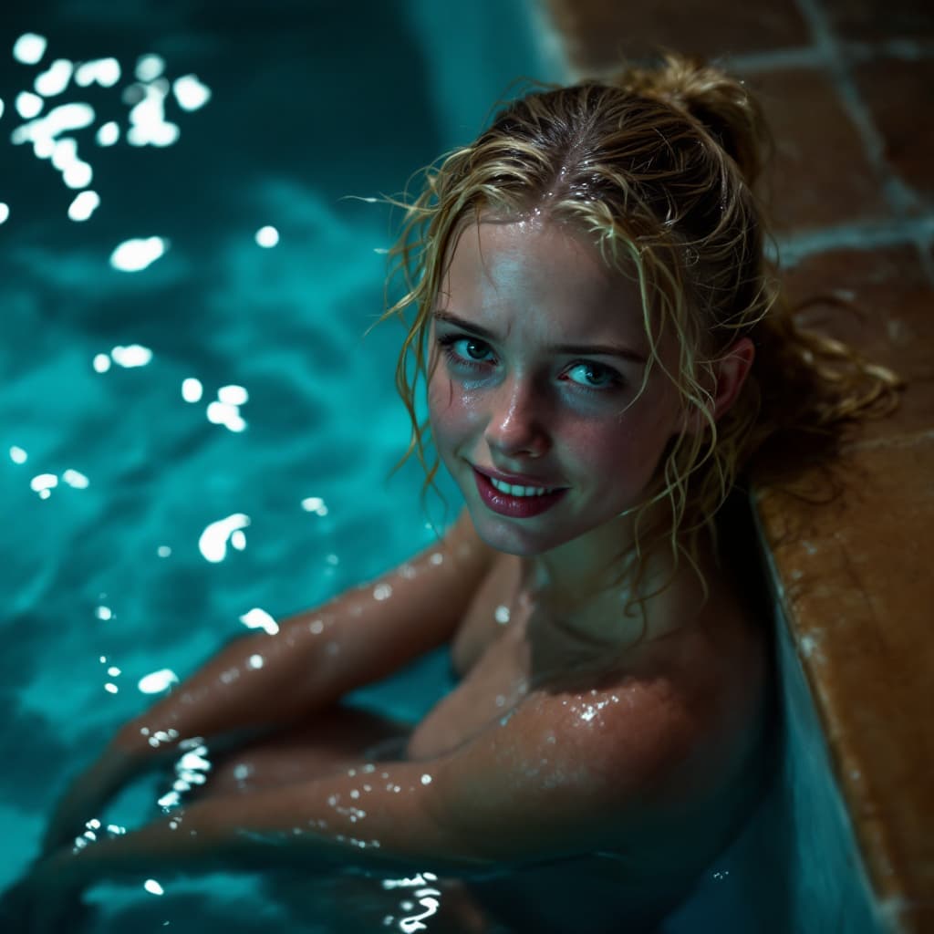 AI generated: The image is full body.
The image is seen from above.
13 year old girl. 
She is sitting in the pool ...