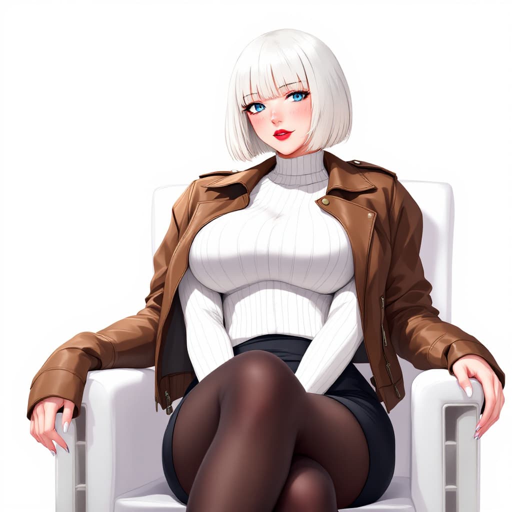 AI generated: anime, woman, white hair, bob cut, blue eyes, freckles, red lips, closed lips, white sweater, tight ...