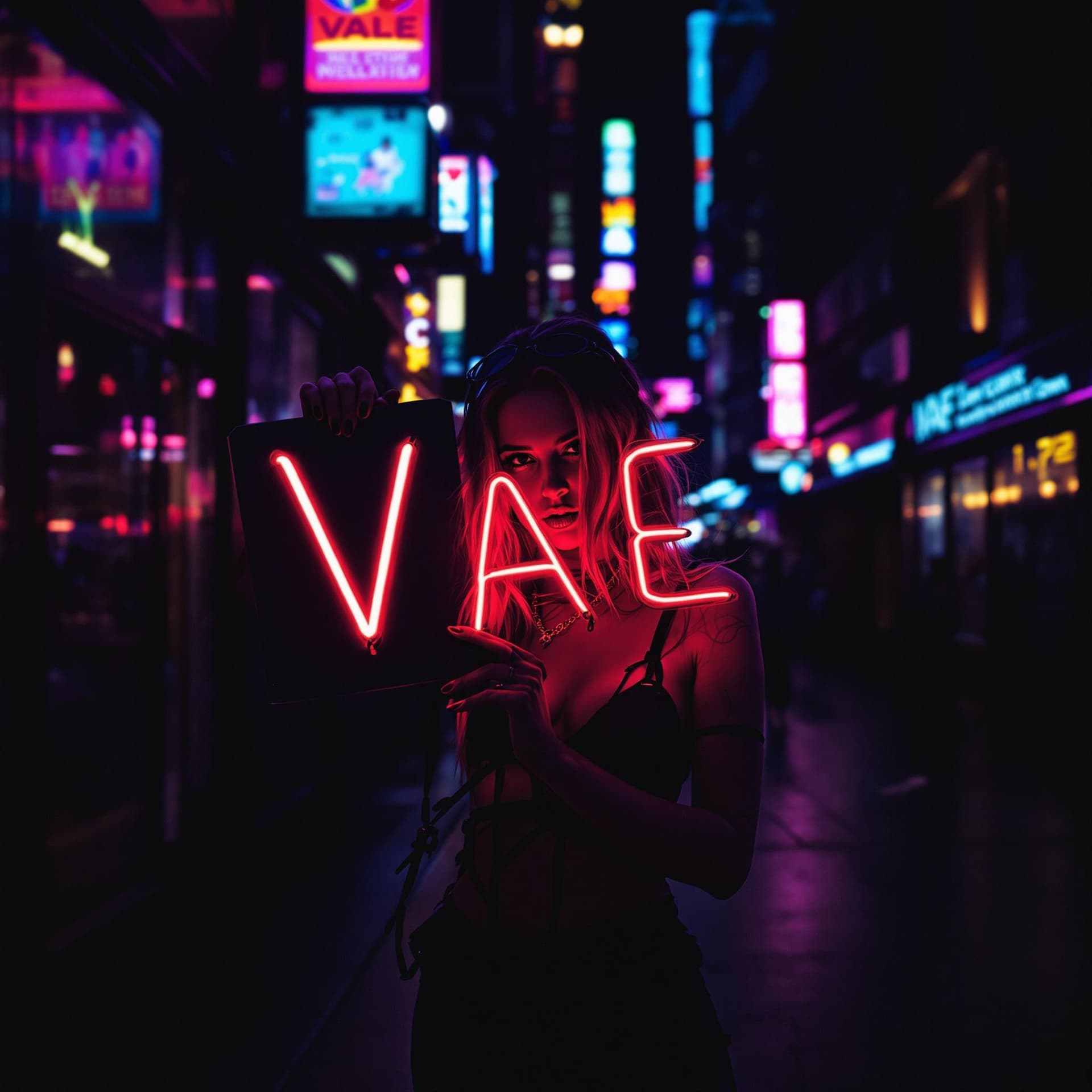 AI generated: Lana Del Ray Holding a "VAE" neon sign, night street, cyberpunk