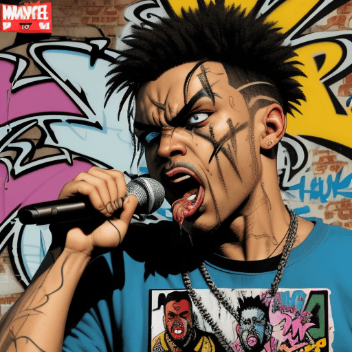 AI generated: comic book number one, razor blade tongue, spit razor blades, hip hop, music notes, microphone, angr...