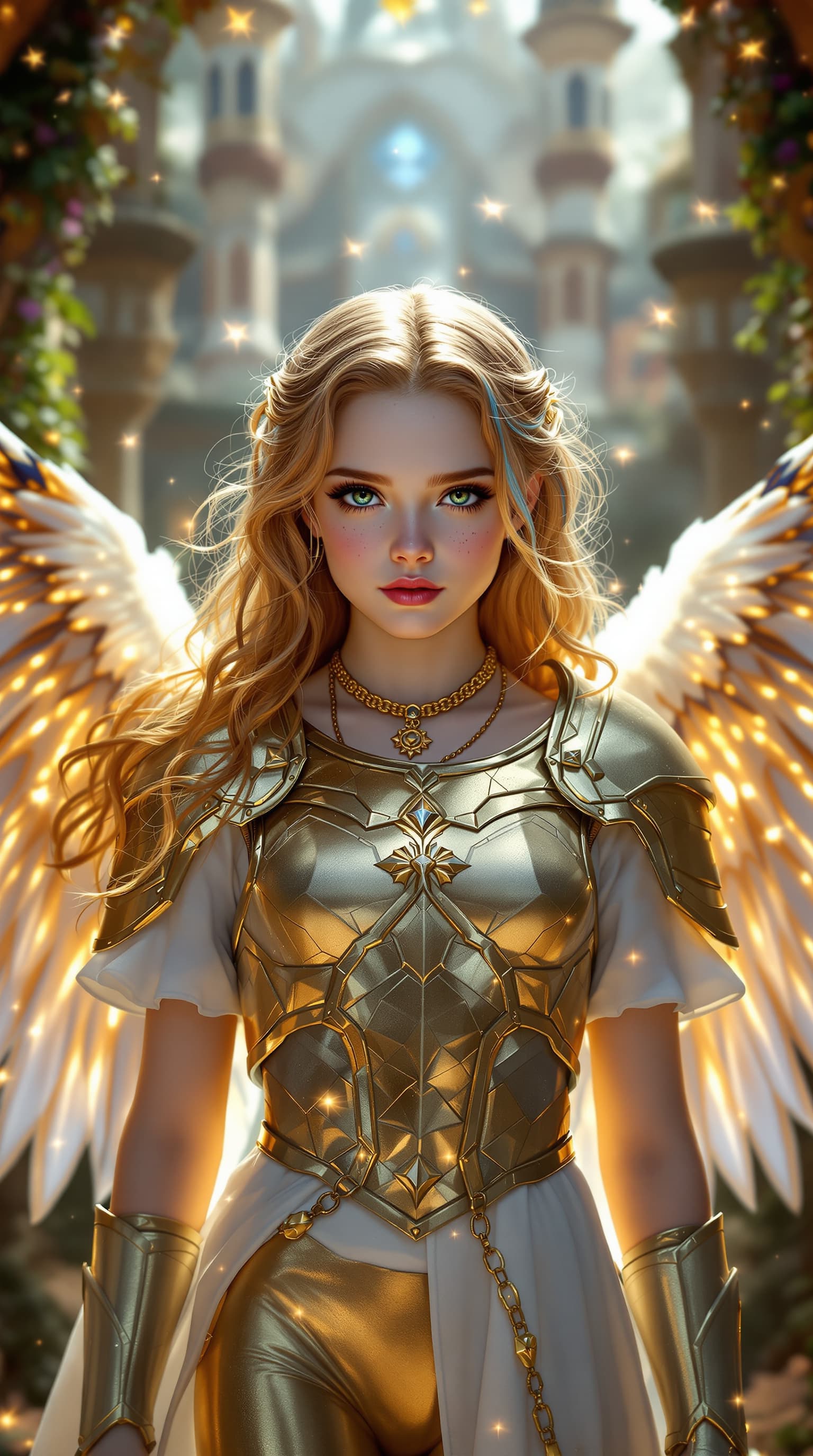 AI generated: A masterful hyper-realistic depiction of Elle Fanning as the Guardian Angel, radiating ethereal beau...