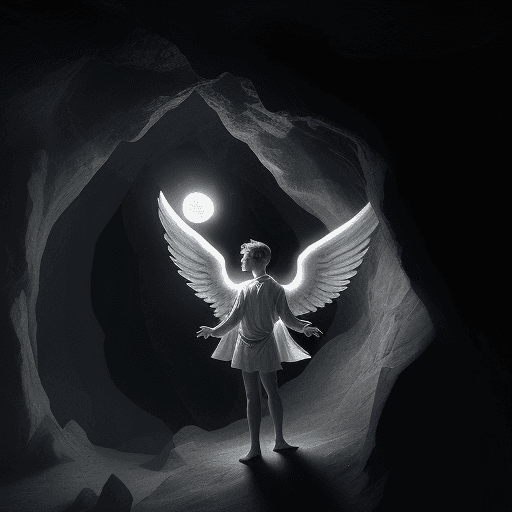 AI generated: An angel obscure flying with his wings in the cave  with a little moon light