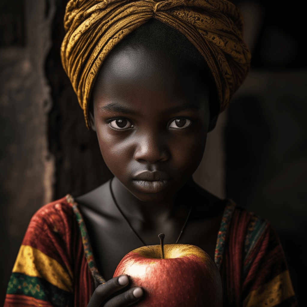 AI generated: 1 african slum girl, holding an apple, intricate details,   BREAK  studio quality, cinematic photo, ...