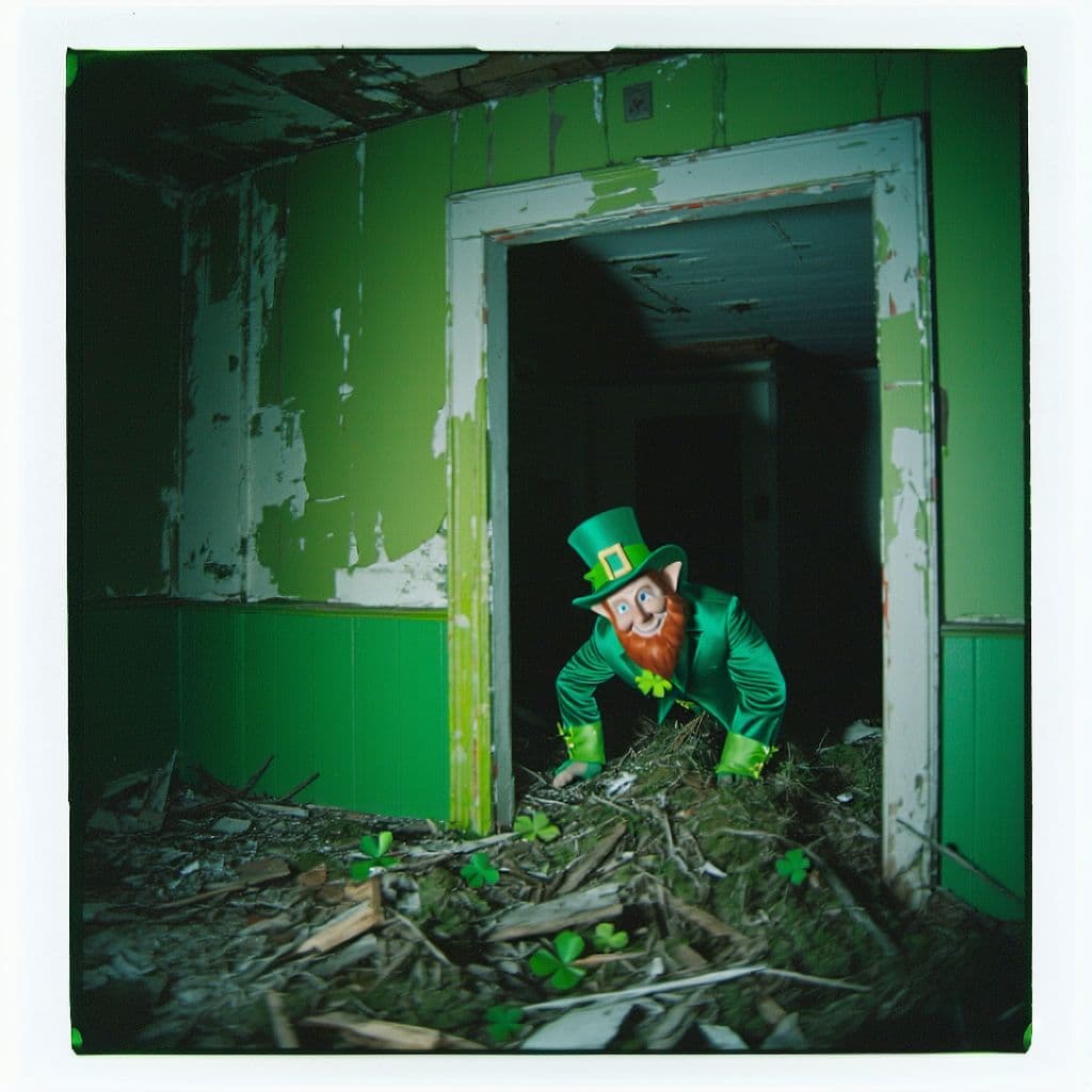AI generated: grainy 80's photograph quality polaroid of a leprechaun caught in an abandoned house