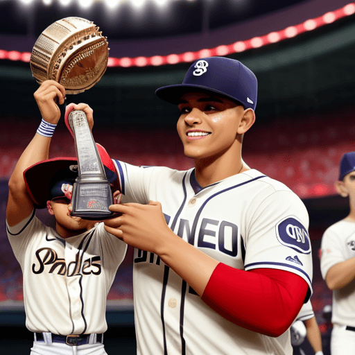 AI generated: juan soto in a padres jersey celebrating with a world series trophy
