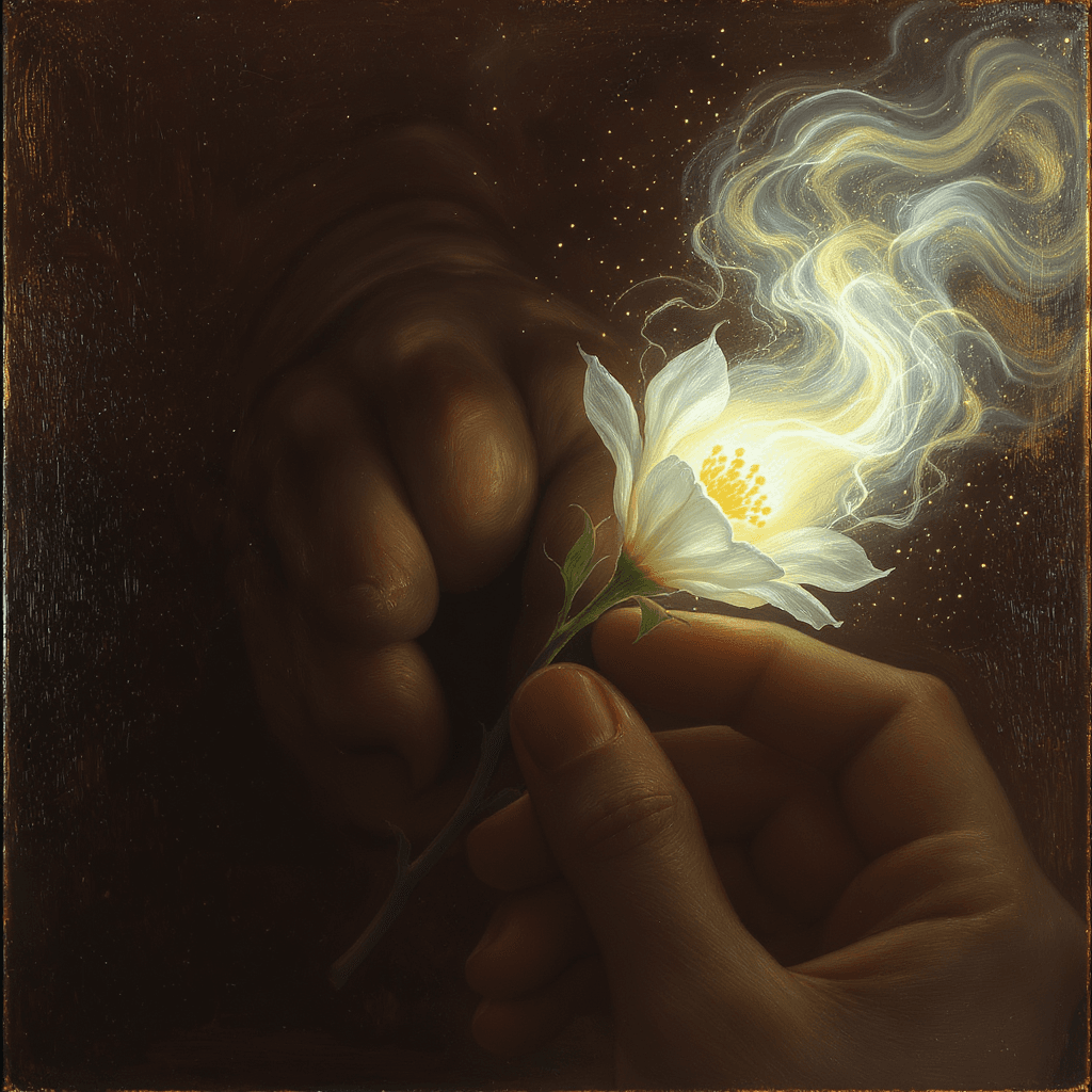 AI generated: A delicate flower being crushed by a strong hand or heavy force, yet its fragrance rises in luminous...