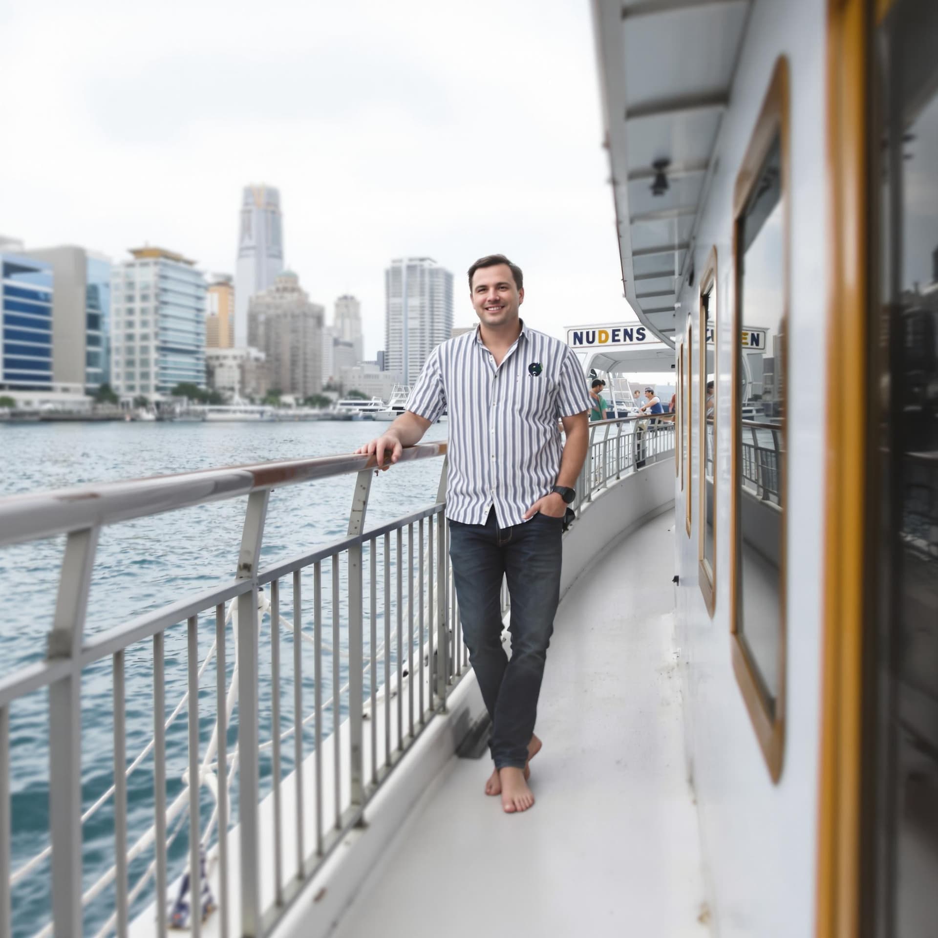 AI generated: create a image for this "A man standing on a boat deck, looking at the camera." in a striped shirt a...