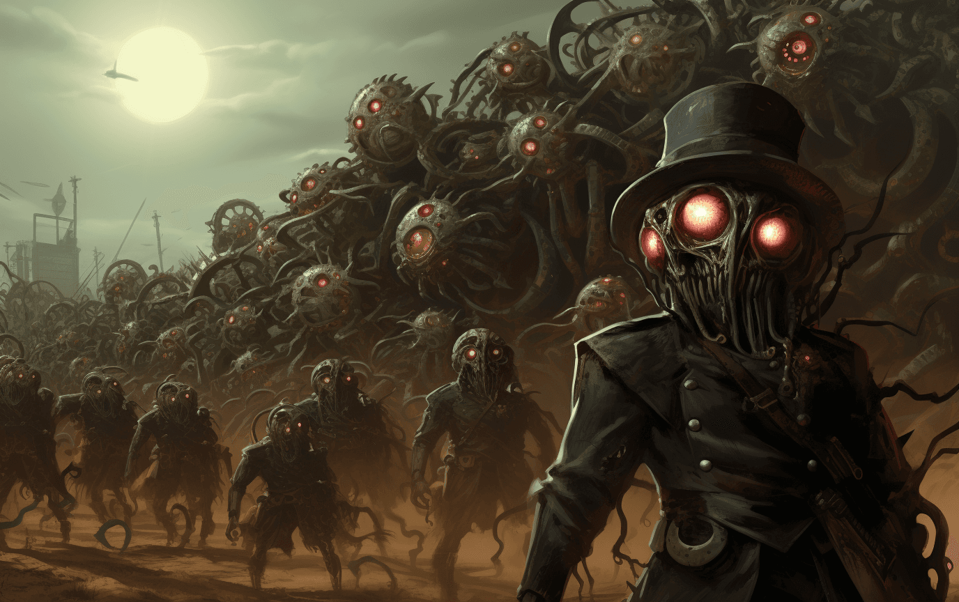 AI generated: devils and zombies artwork, in the style of shiny eyes, steampunk creatures, uhd image, spiky mounds...
