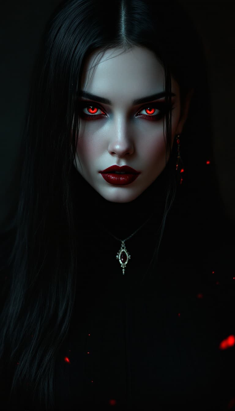 AI generated: "A full-figured, striking and enigmatic woman with pale skin and sharp, defined features gazes inten...