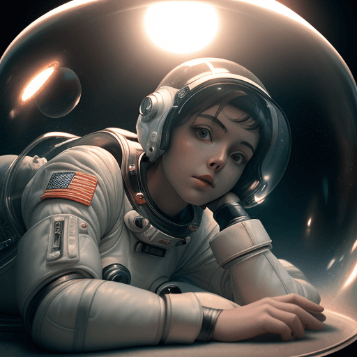 AI generated: Photo of a ultra realistic, dramatic light, young woman laying on their side in a 1950s spacesuit an...