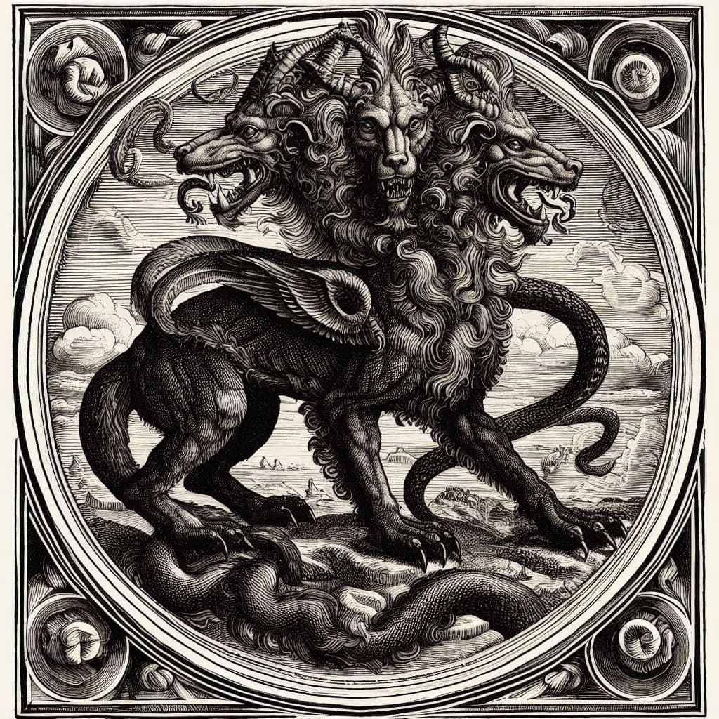 AI generated: A  allegorical representation of a fantasy Cerberus (the hound of hell with three heads), symbolic, ...