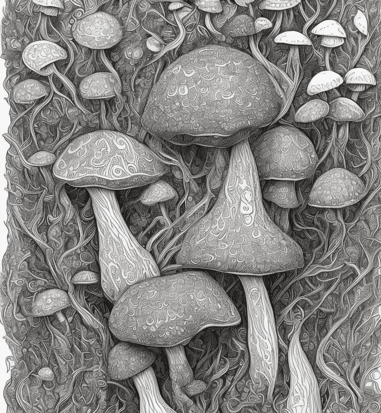 AI generated: coloring book image of a female magic mushroom creature, 8k, intricate detail, black and white digit...