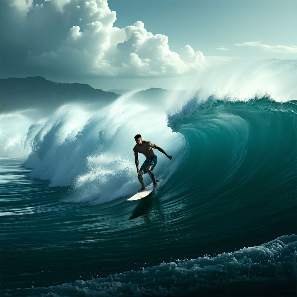 AI generated: a man surfing a wave in Bali,The Immortal Asadi::5 Surreal Digital masterpiece::4 dreamlike, otherwo...