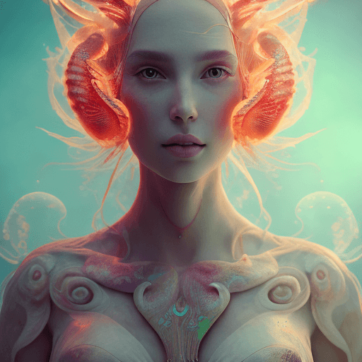 AI generated: goddess close-up portrait ribcagel. jellyfish phoenix head, nautilus, orchid, skull, betta fish, bio...