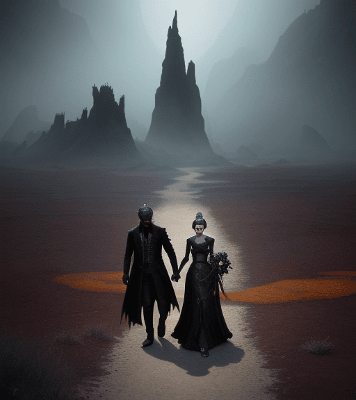 AI generated: Wedding Couple Silhouette, Ye though I walk through the valley of death, Sumi-e, ferrofluid, path th...