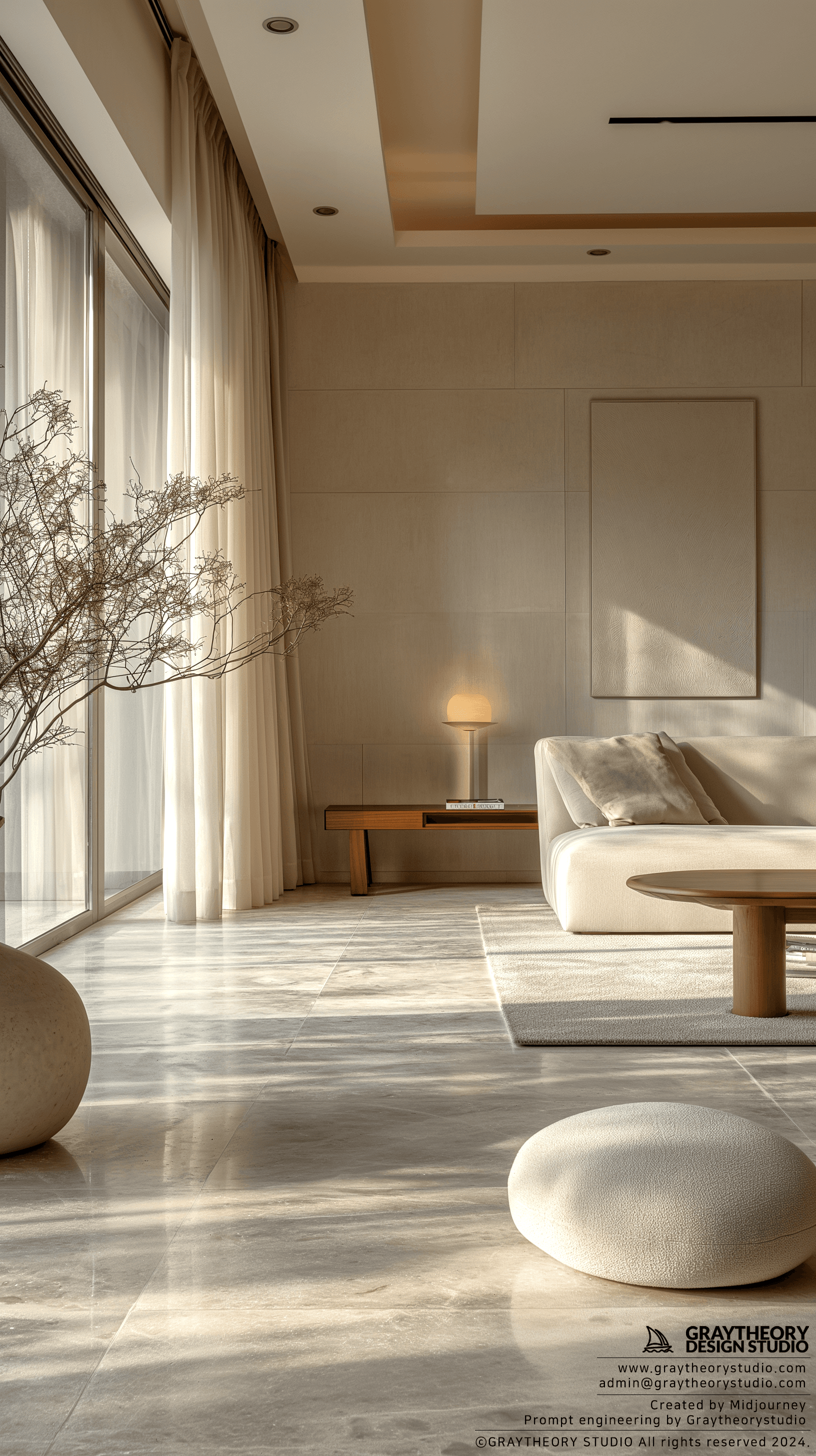 AI generated: Photograph, contemporary living room, soft light of morning, integration of beige flooring and matte...