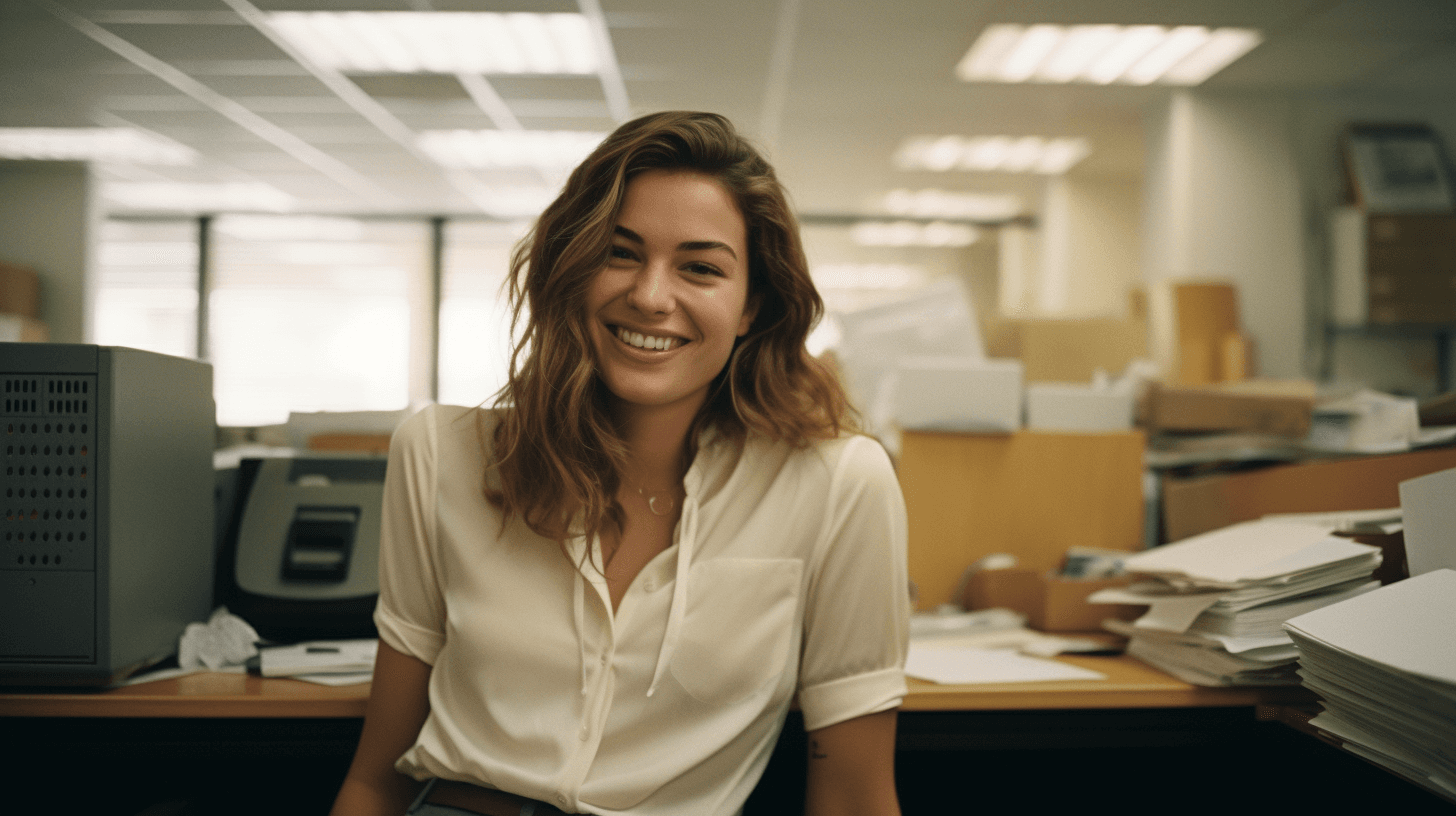 AI generated: Kodak disposable camera photo of a beautiful female, smiling suggestively, sitting in an office --ar...