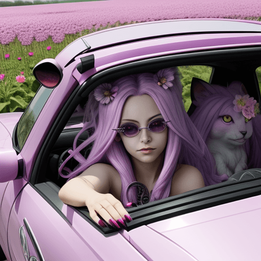 AI generated: An animal with 6 eyes, purple wings, red polished nails, long silver hairs. Driving a pink cabrio ca...