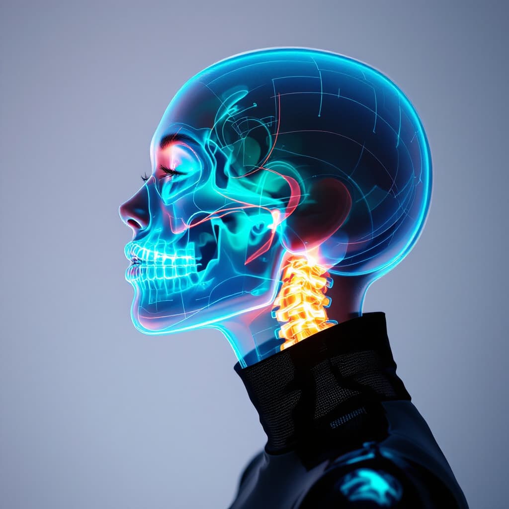 AI generated: ethereal portrait of a woman, transparent skin revealing her skull, glowing with a neon-green bio-lu...