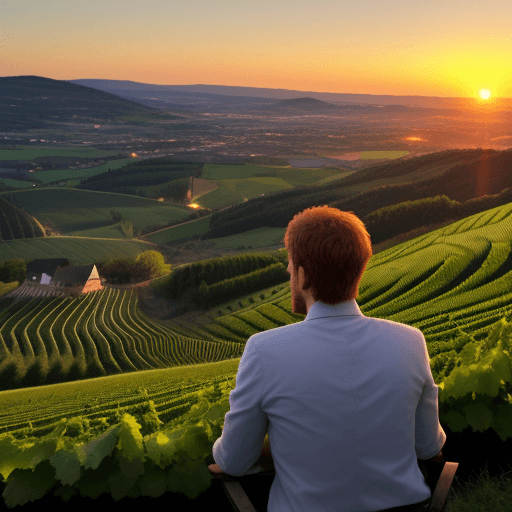 AI generated: ein mann sitzt in seinem Weinberg und schaut auf den sonnenuntergang