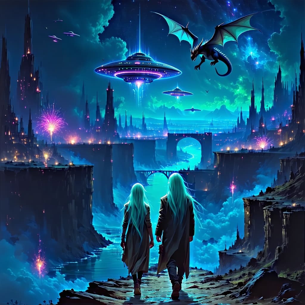 AI generated: Surrealistic, psychedelic. deep color and high detail. A futuristic world at night with dragons flyi...