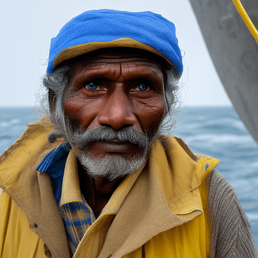 AI generated: A weathered Indian fisherman in his early 60s stands on the deck of his boat, gazing out at a stormy...