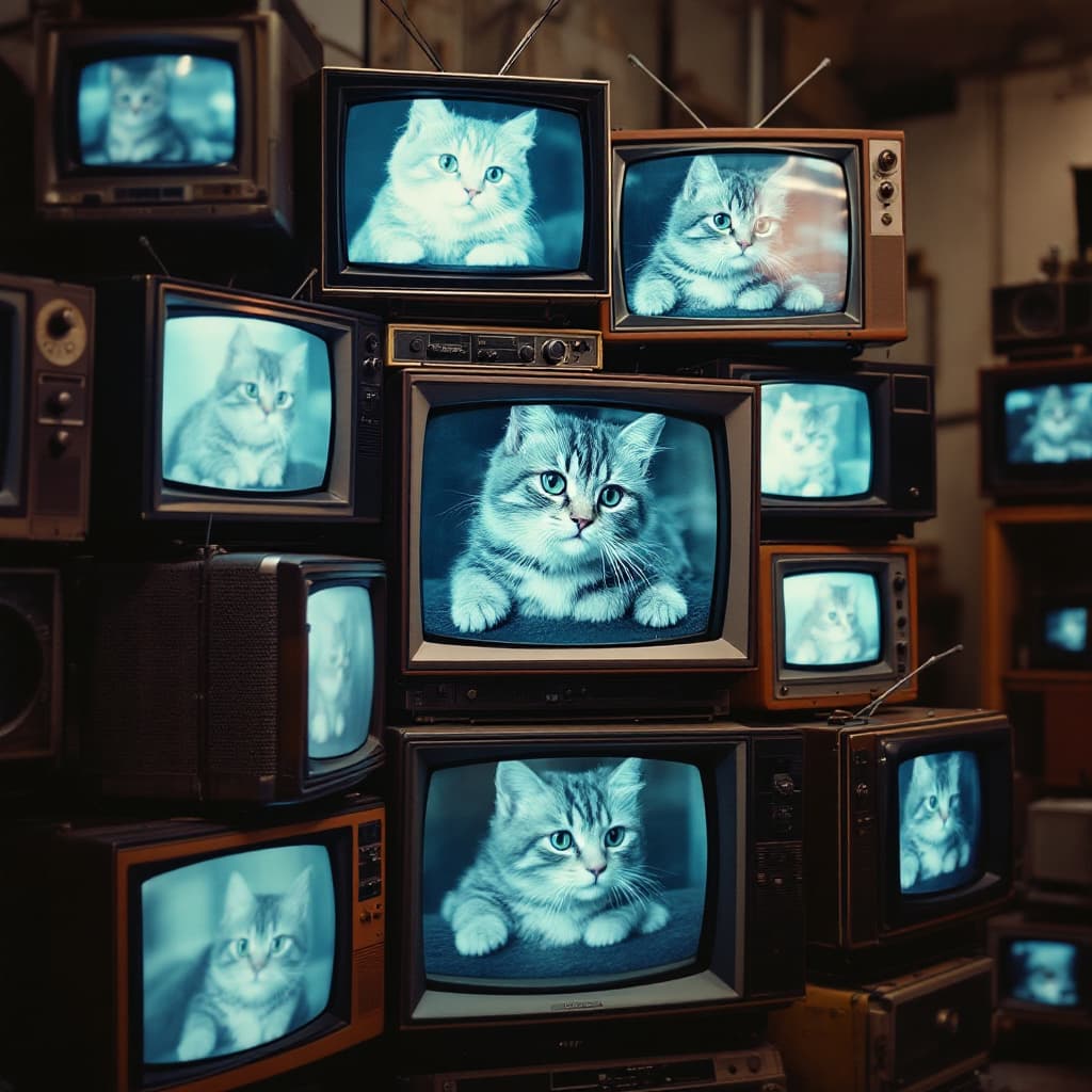 AI generated: The camera rotates around a large stack of vintage televisions all showing the same pictures of a ca...