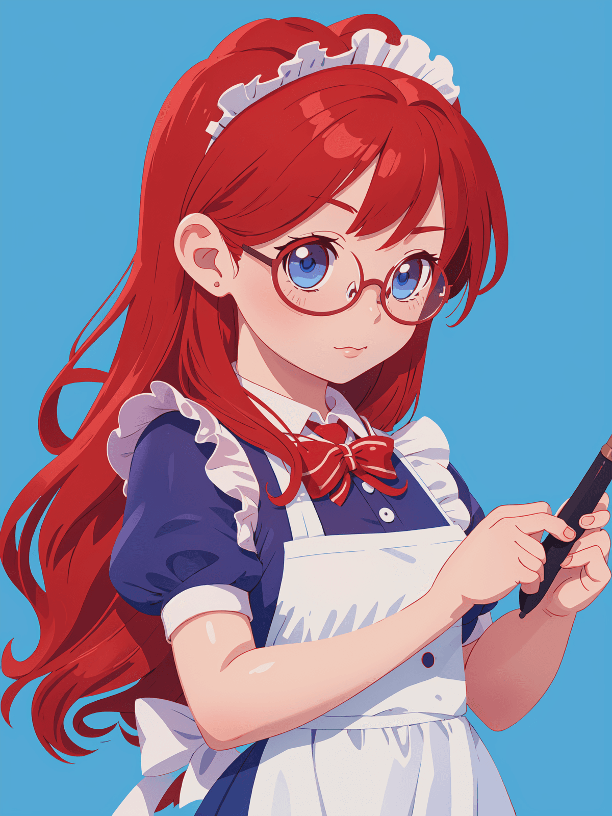 AI generated: beautiful girl with long red hair, blue eyes in glasses, dressed as a maid, on a blue background, cu...