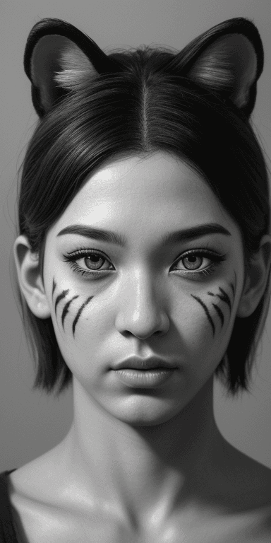 AI generated: half man half tiger faced ,  human ears, symmetrical eyes, (aegyo sal:1) , (eyelashes:1.1) , (photor...