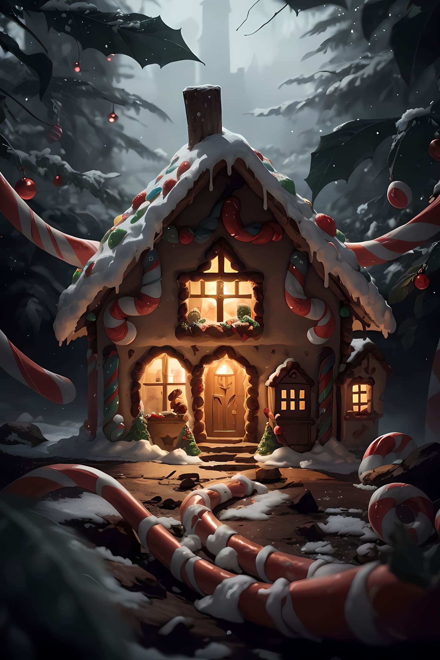 AI generated: Enchanting image, Gingerbread house in a magical forest clearing, House made entirely of gingerbread...