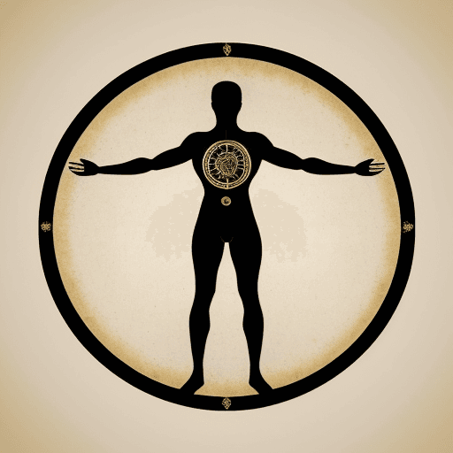AI generated: Realistic round shield shape logo((( a beautyful vitruvian man minimalist))), t-shirt design with a ...