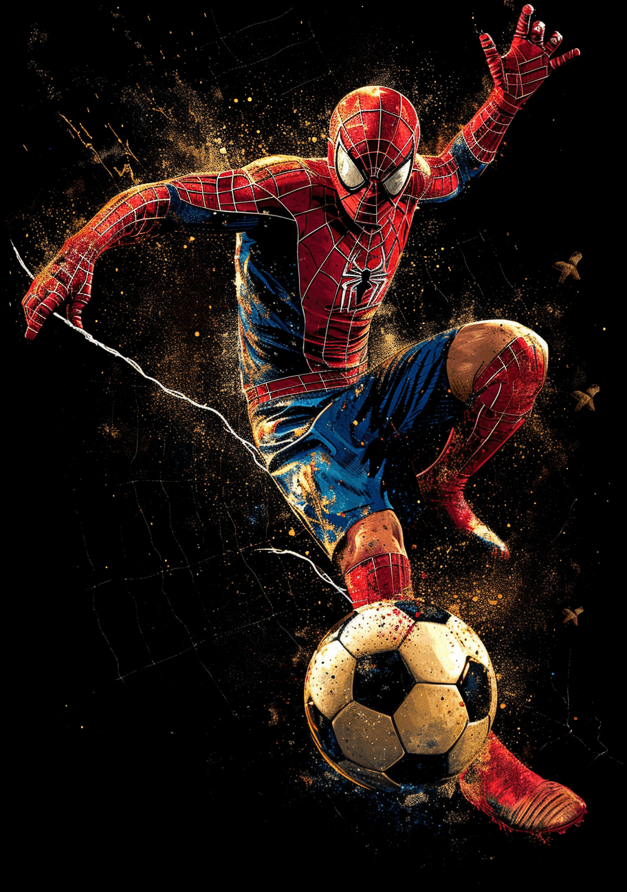 AI generated: t-shirtdesign, stockphoto, spiderman in shorts, plays soccer, black background --ar 7:10 --v 6.0